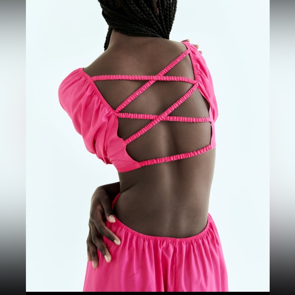 Zara cut out Barbie pink dress with braided straps poplin maxidress 2023 - Picture 12 of 13